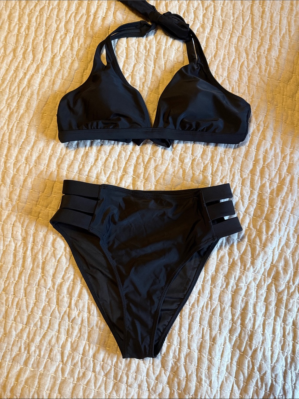 Black High-Waist Halter Bikini Set with Triple-Strap Detail